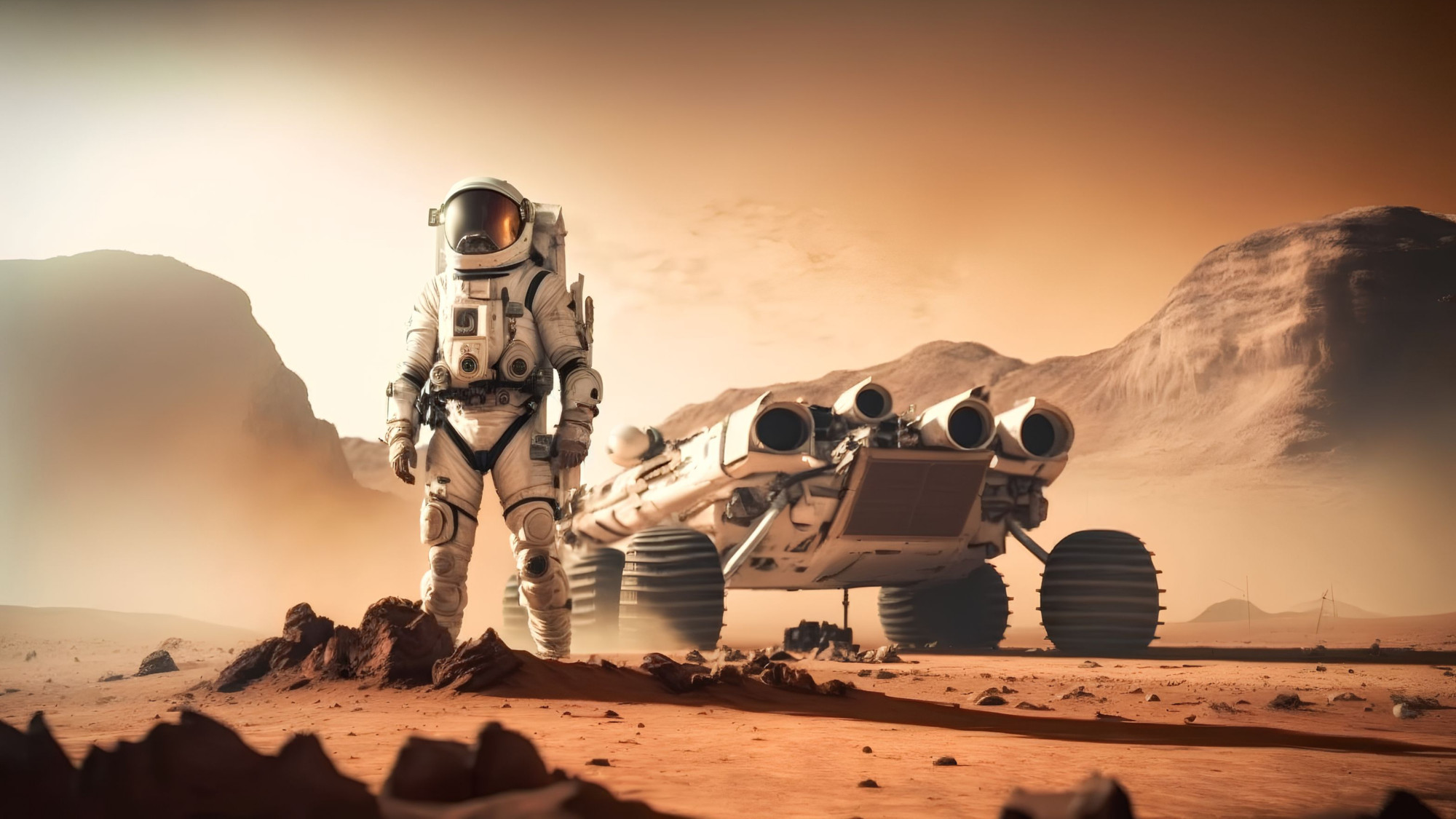 A human wearing astronaut equipment stands next to a robot in a Martian landscape.