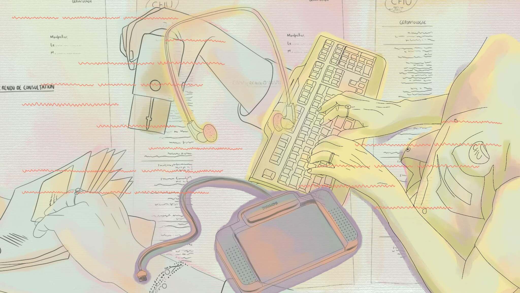 The picture shows various devices that are being used, including a keyboard and a notebook.
