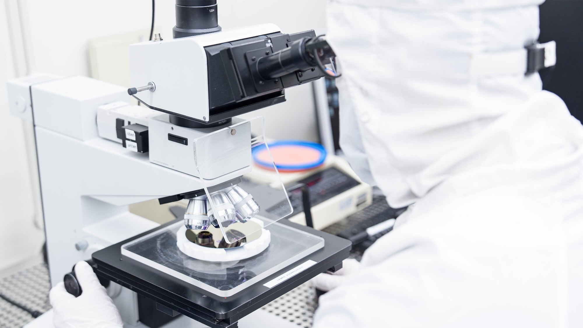 Bild von einer Person, die in ein Mikroskop schaut.