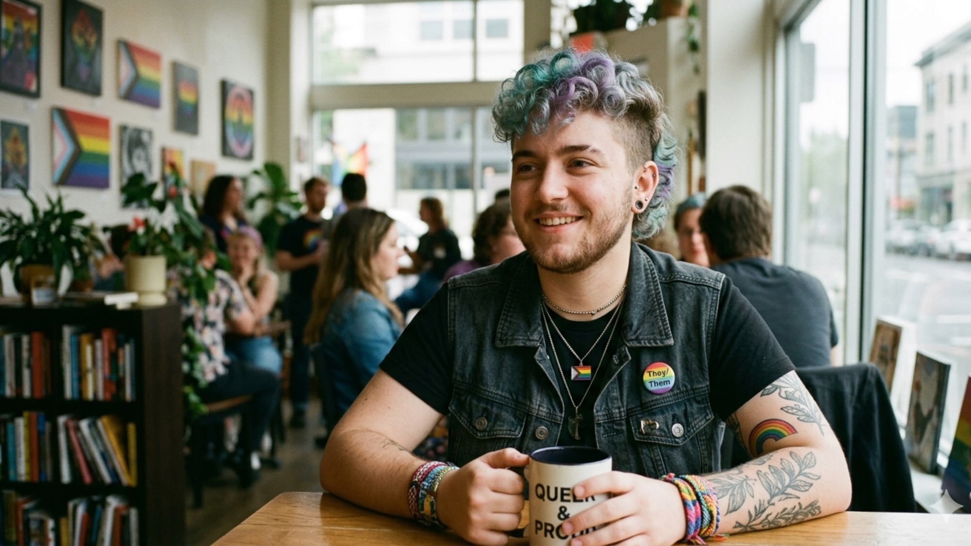 Ein KI-generiertes Bild von einer Person mit bunten Haaren, die eine Jeans-Veste mit einem Regenbogen-Pin (beschriftet mit They/Them-Pronomen) trägt, die in einem Kaffee sitzt, dass ebenfalls mit einigen Regenbogen-Flaggen verziert ist.