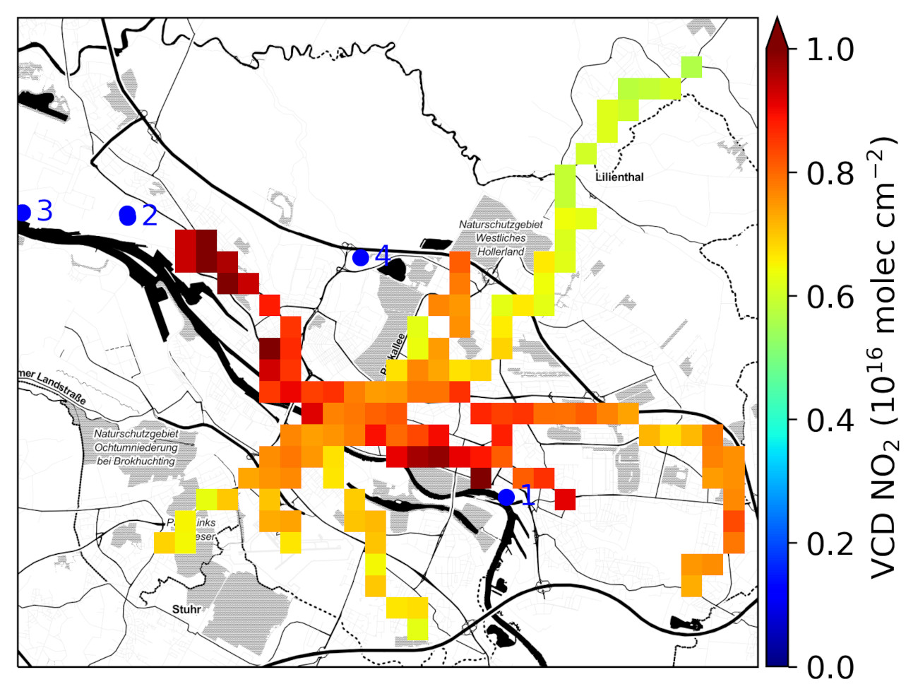 Illustration that shows the air pollution with high levels of nitrogen dioxide (NO2) in Bremen