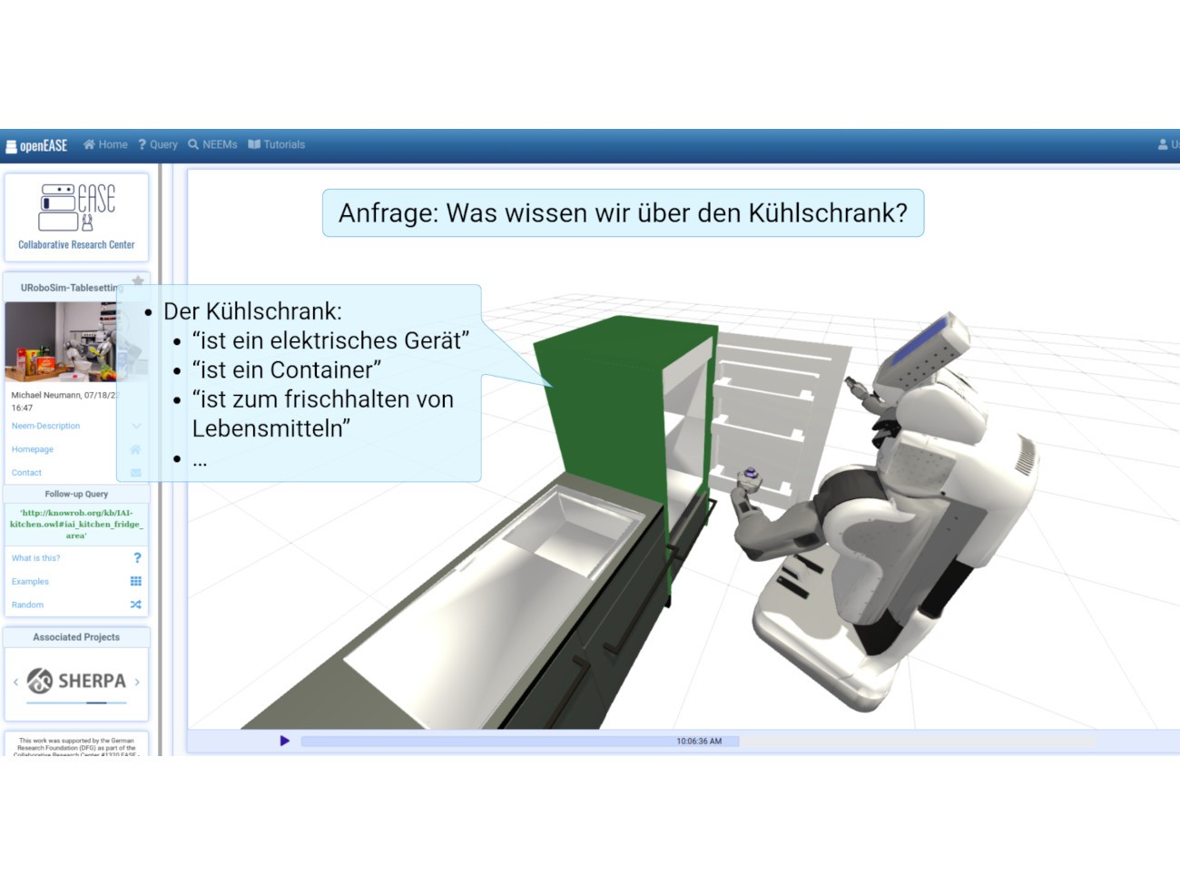 A screenshot of the openEASE knowledge platform asking what the robot knows about the fridge.