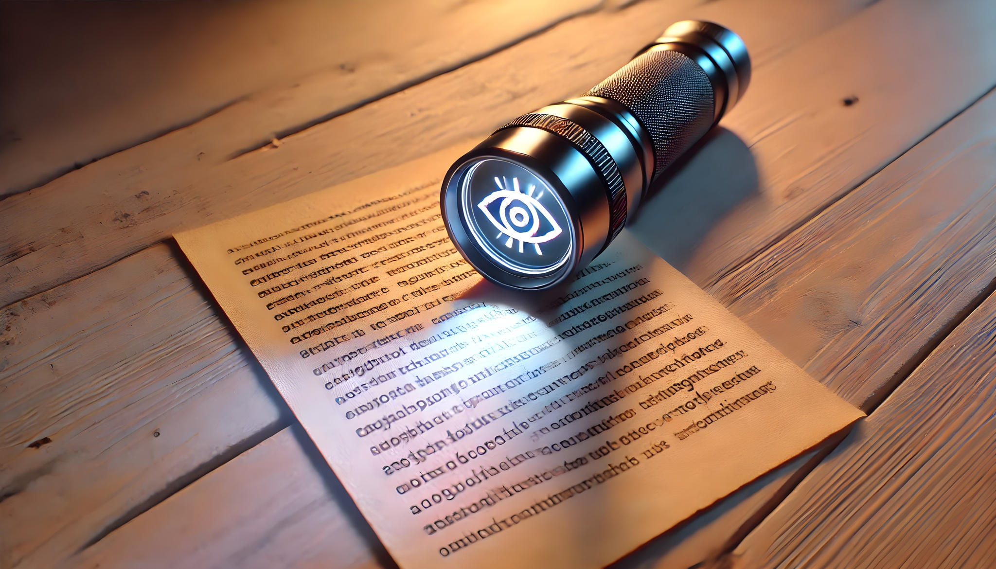 A flashlight lies on a table and lights up a document.