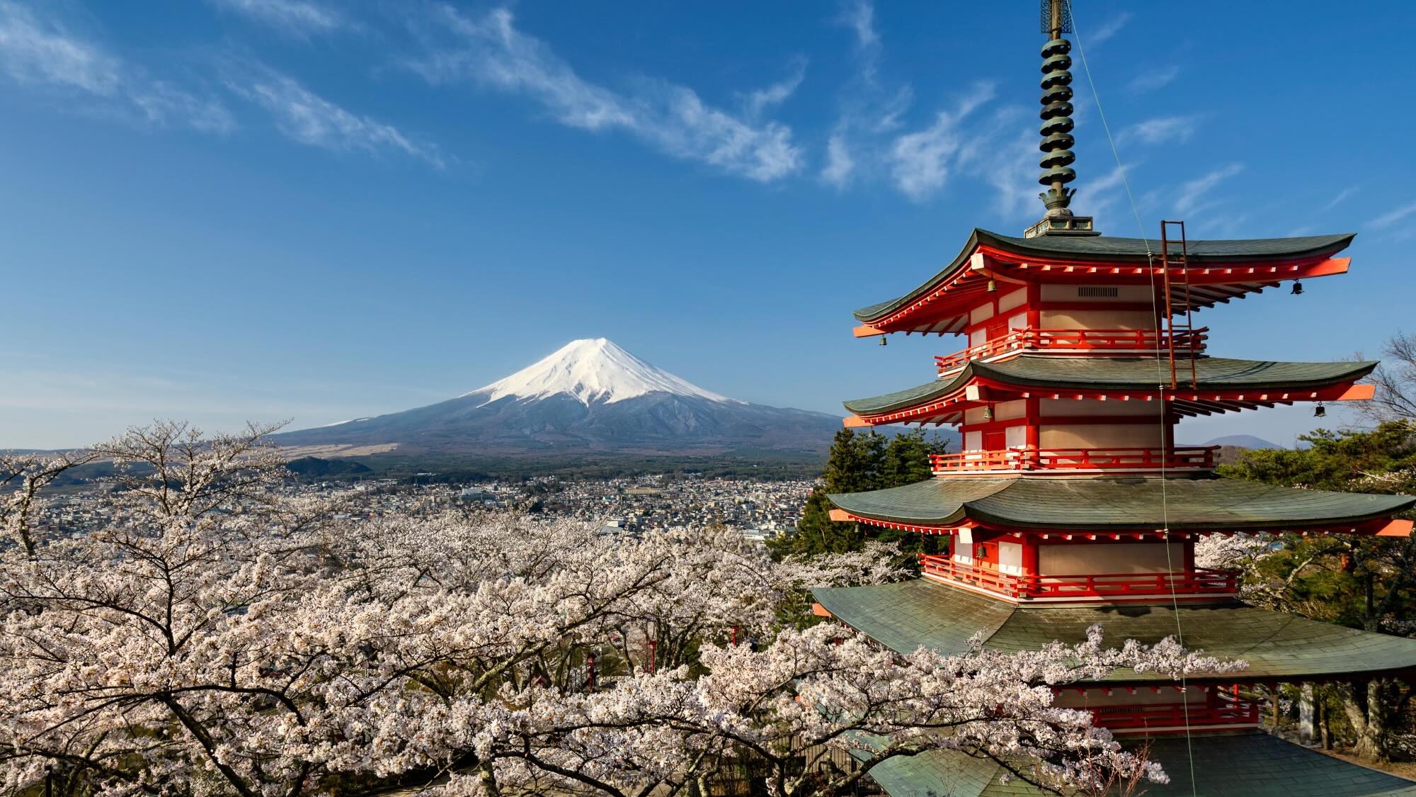 The picture shows a multi-story, red, tower-like temple building with protruding roofs framed by cherry blossom trees. Mount Fuji can be seen in the background. 
