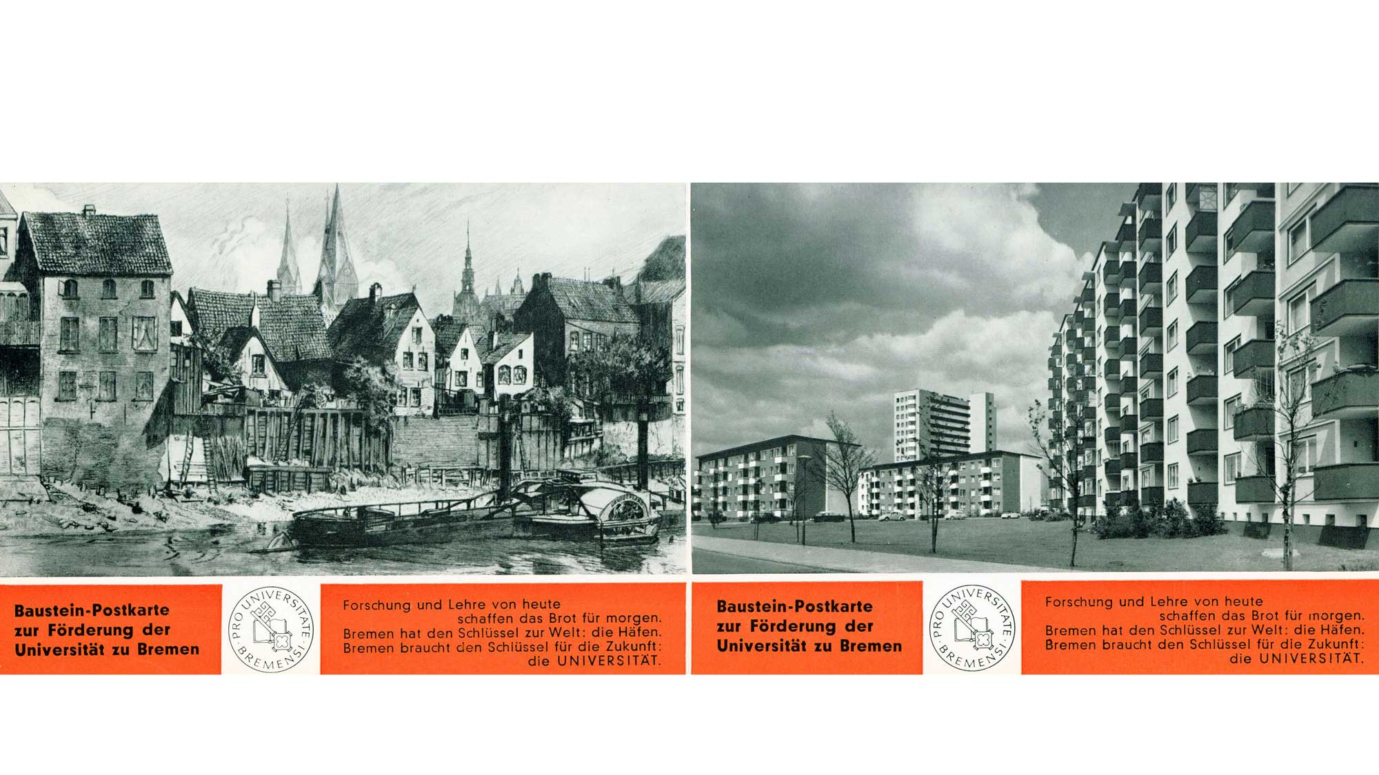 Postkarte Bausteine für die Universität mit Motiven aus Bremen